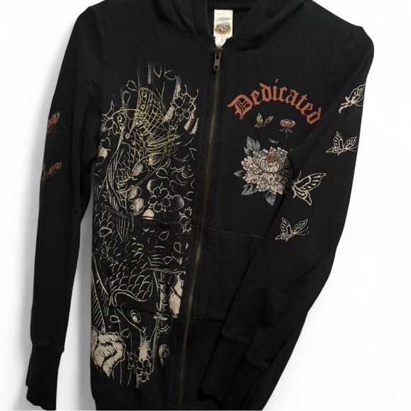 Ed Hardy “Dedicated” Skull & Roses Black zip up Hoodie with details Size: small - Picture 2 of 7